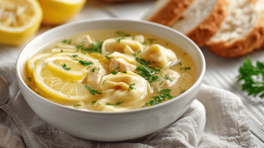 Lemon chicken tortellini soup garnished with parsley in a white bowl