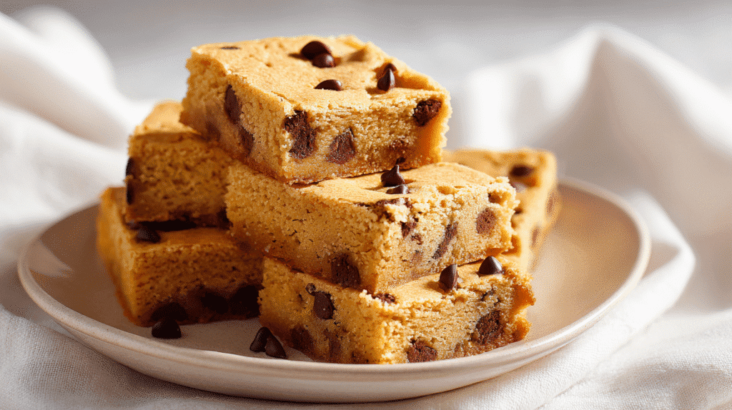 Served eggless chocolate chip blondies on dessert plate