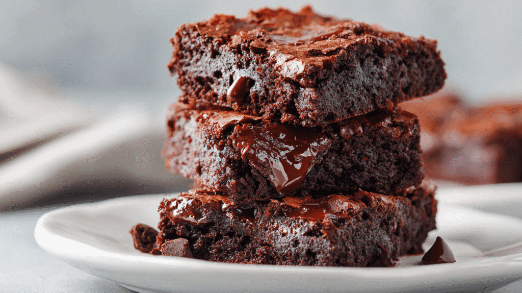 Stack of rich, gooey dairy-free double chocolate brownies on a white plate.