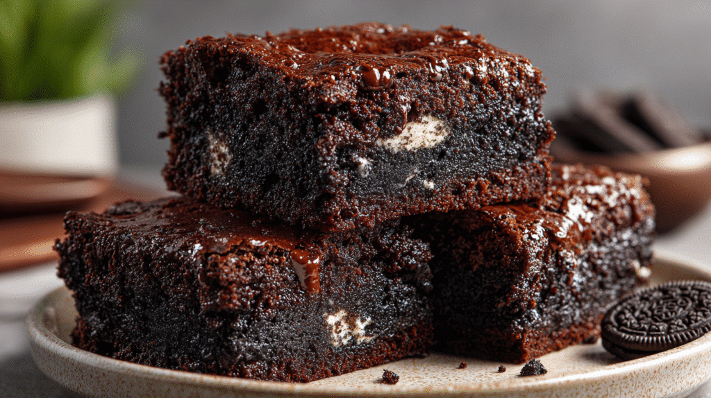 Stack of rich eggless Oreo brownies showing fudgy texture and cookie pieces inside.