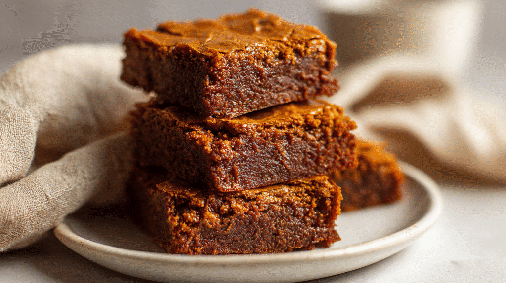 Stack of rich and moist eggless peanut butter brownies on a white plate.