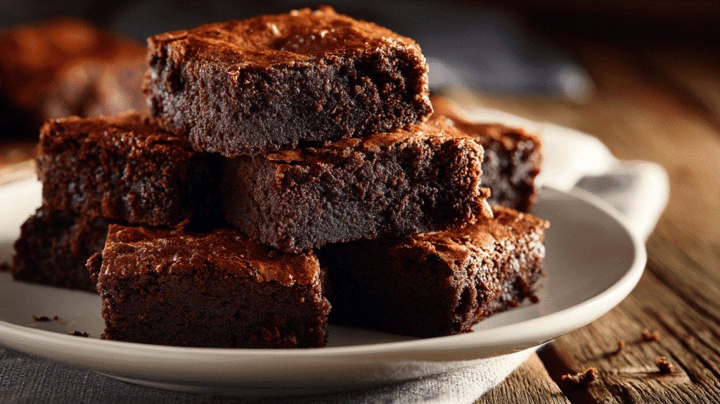 Stack of fudgy whole wheat eggless brownies on a white plate with a rustic wooden background.