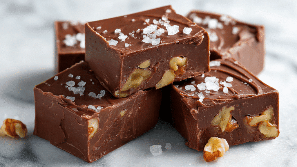 Rich and creamy eggless chocolate walnut fudge pieces topped with sea salt on a marble surface.