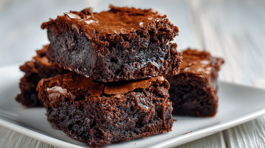 Rich and fudgy eggless brownies stacked on a white plate in a bright kitchen