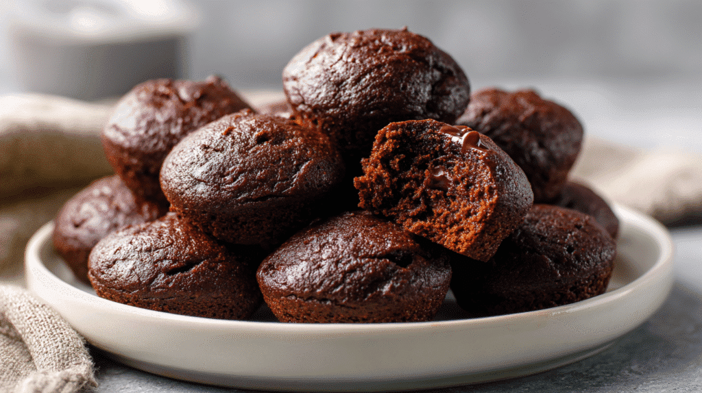 Moist, bite-sized eggless brownie bites stacked on a white ceramic plate.