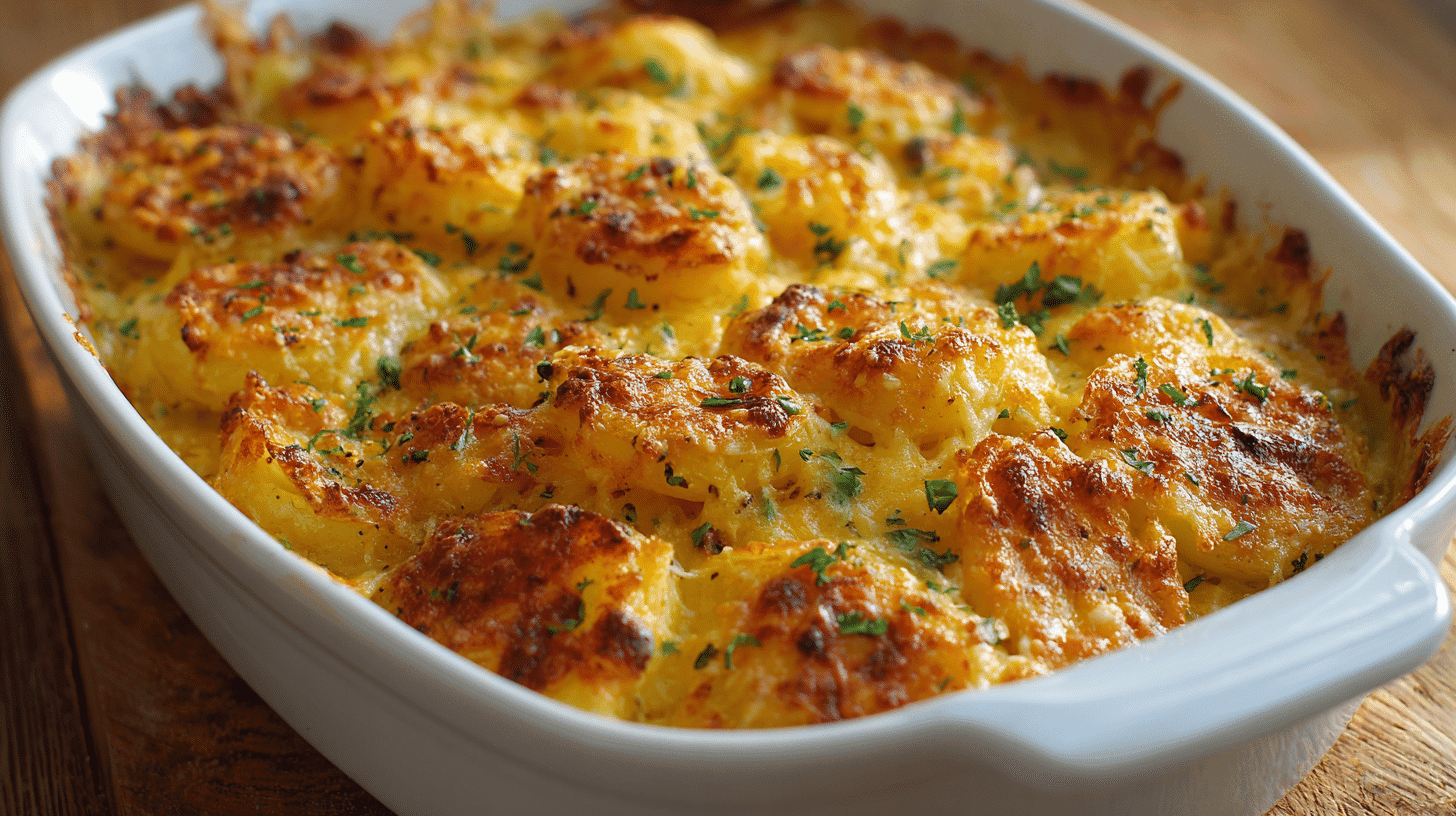 Oven-Baked Cheesy Ranch Potatoes in white dish