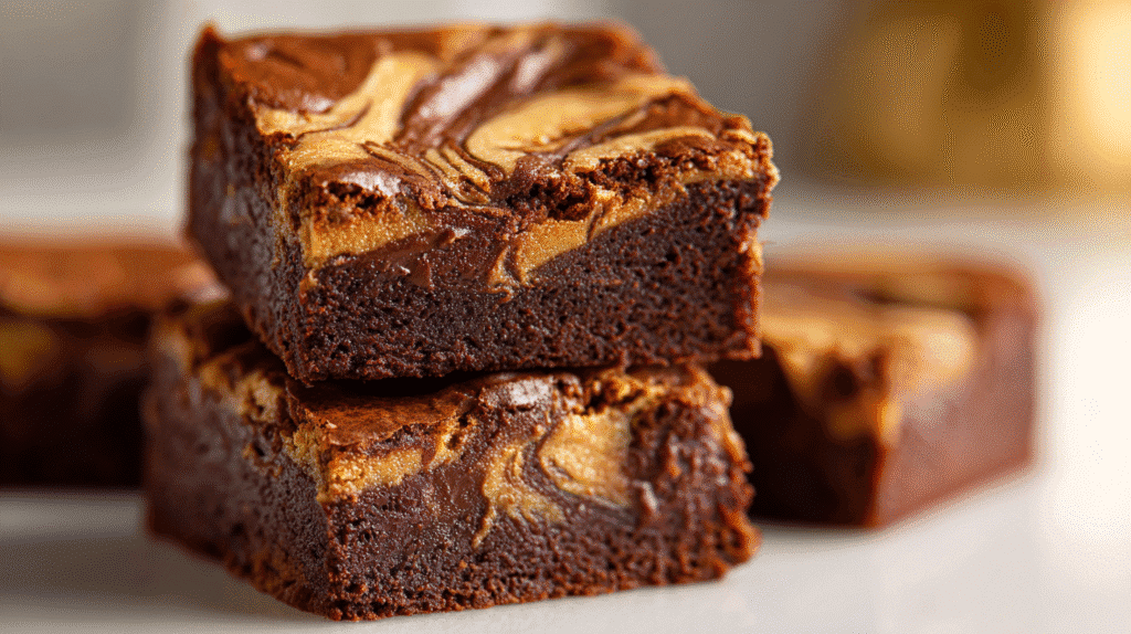 Stack of rich egg-free Nutella swirl brownies showing marbled chocolate and hazelnut layers.
