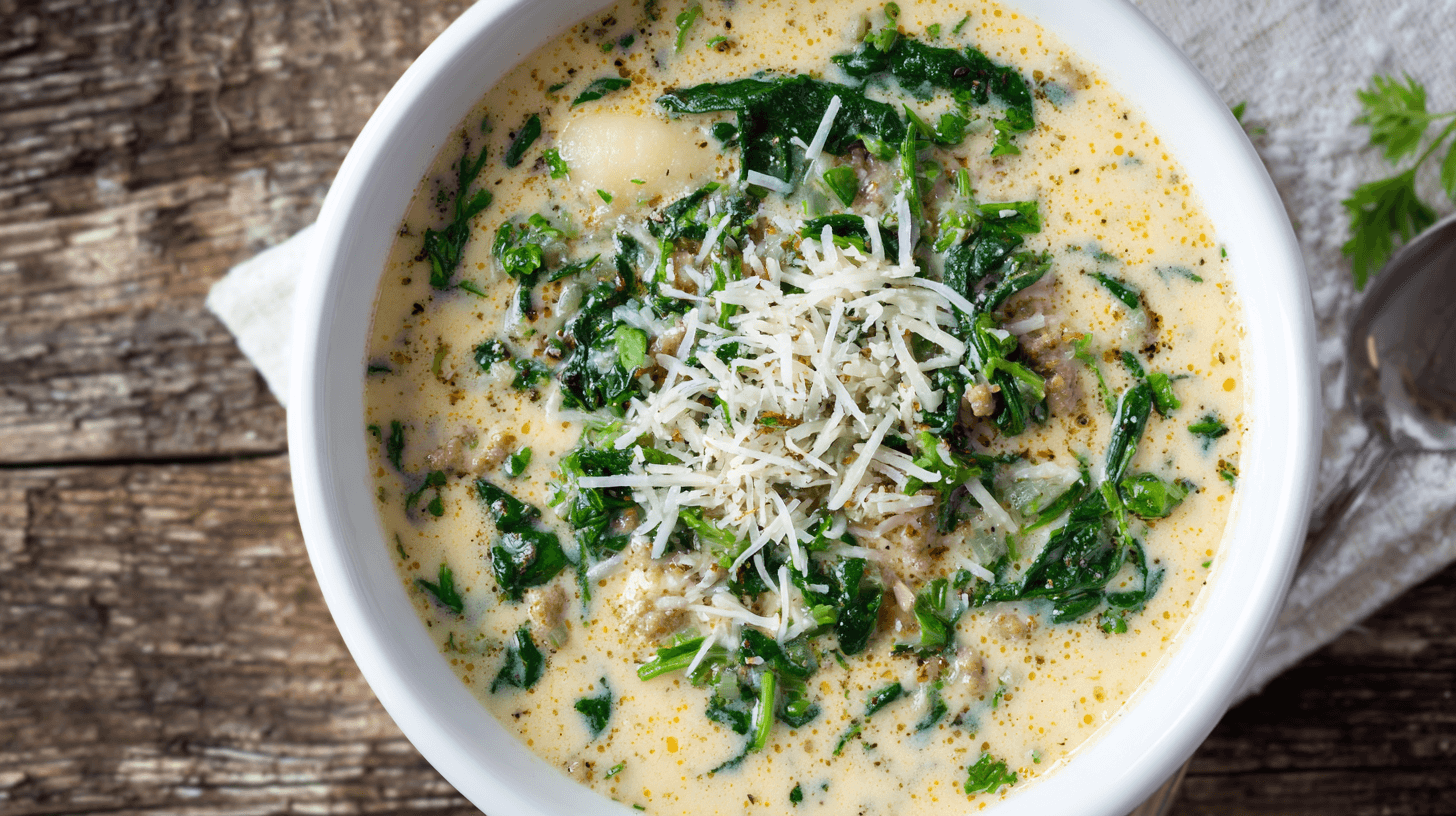 Parmesan Sausage Gnocchi Soup served in a bright white bowl