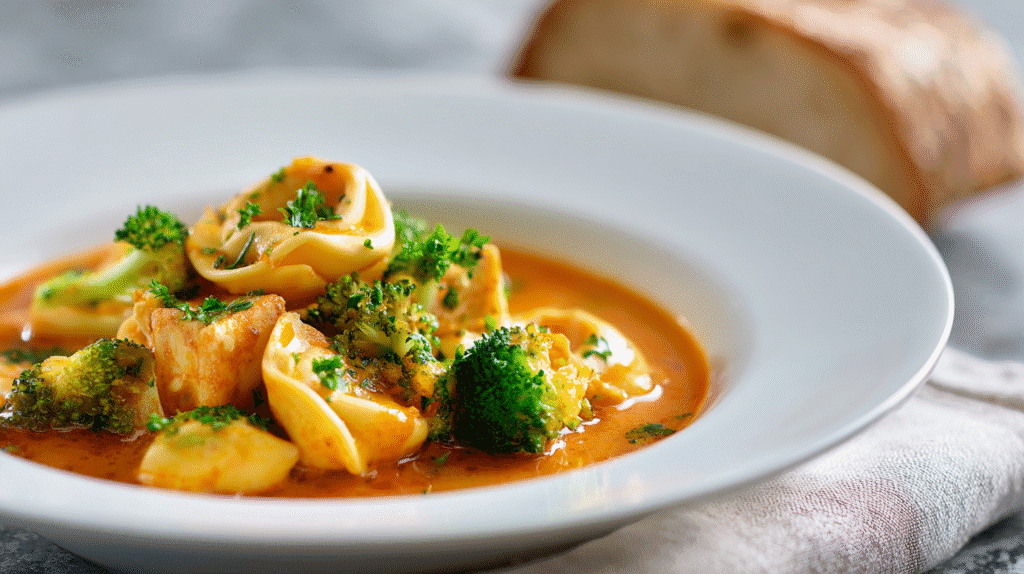 Served bowl of Chicken Tortellini Soup with Broccoli with herbs