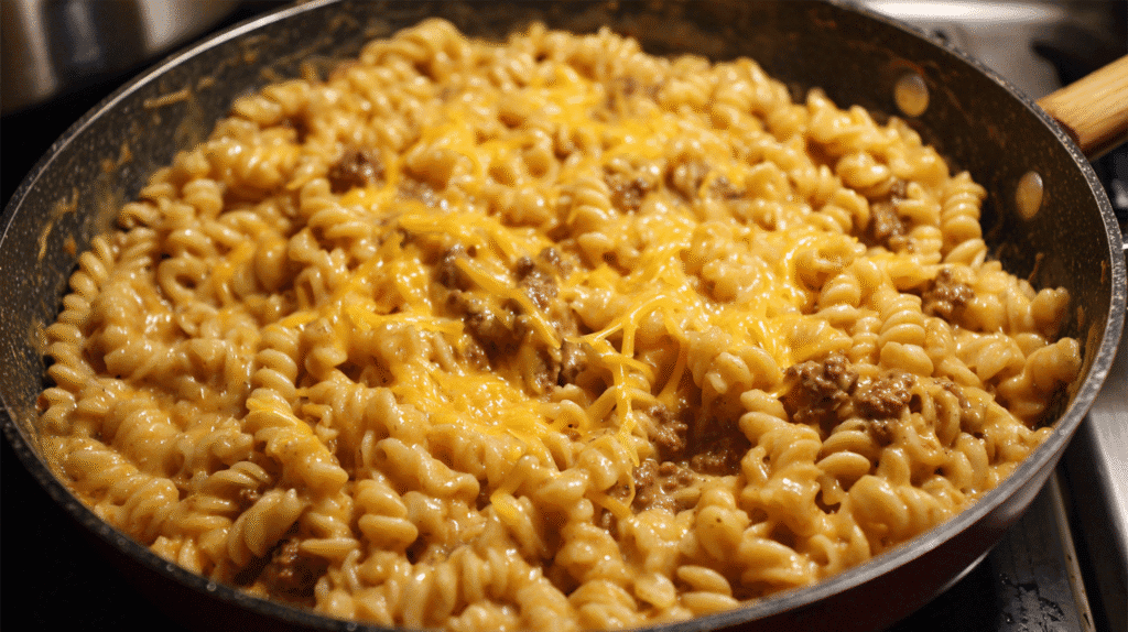 Finished high protein hamburger helper in pan