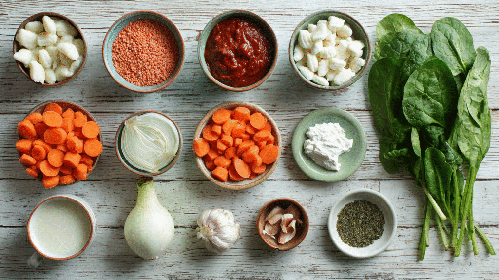 Ingredients for Rustic Italian Gnocchi Soup laid out on a wooden table