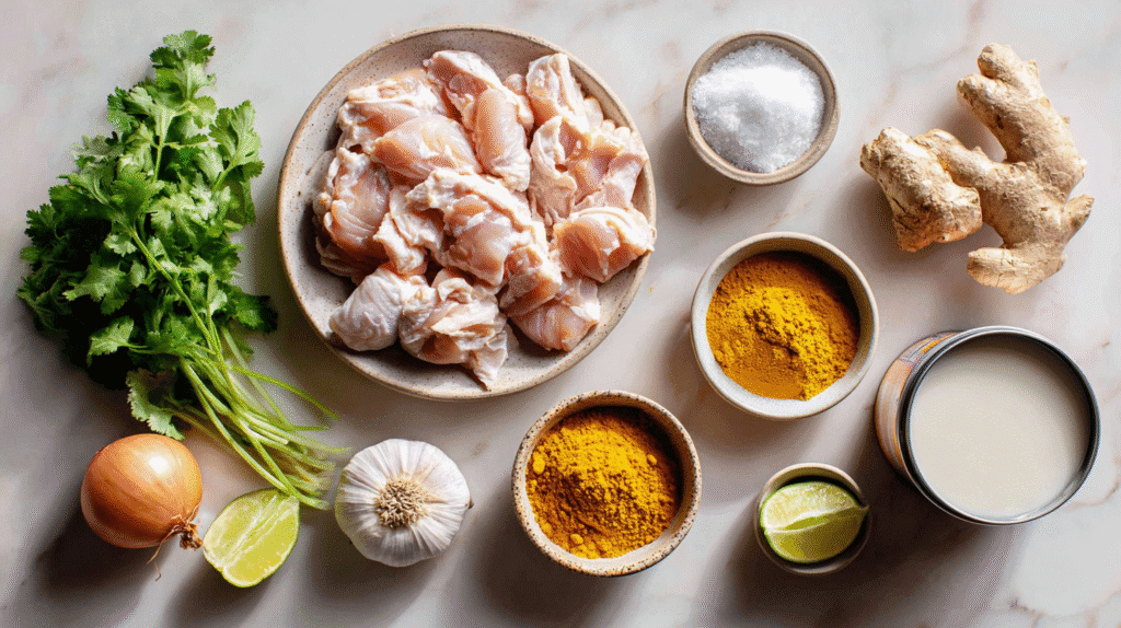 Ingredients for turmeric chicken and coconut soup on a light surface