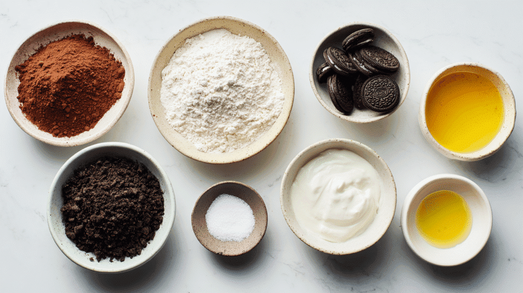 Brownie ingredients arranged on white countertop