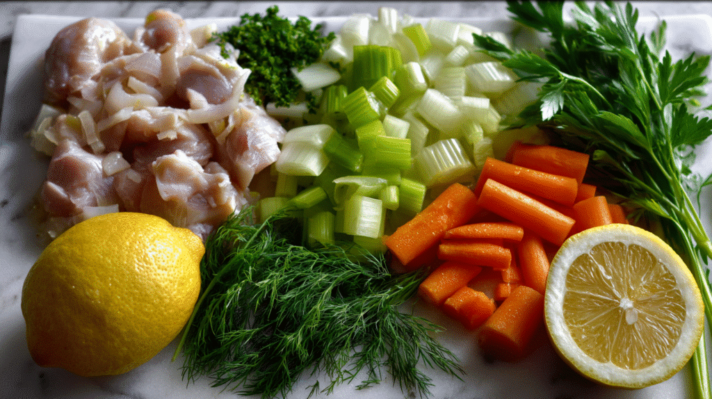 Fresh ingredients for cold-season chicken soup