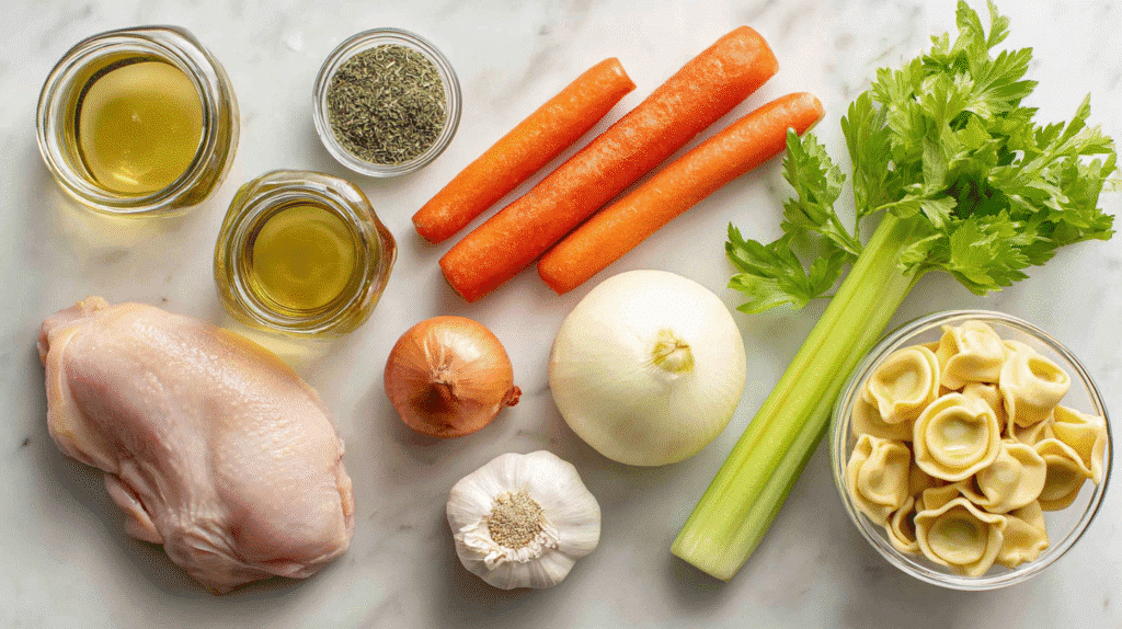 Ingredients for Crockpot Chicken Tortellini Soup on white background