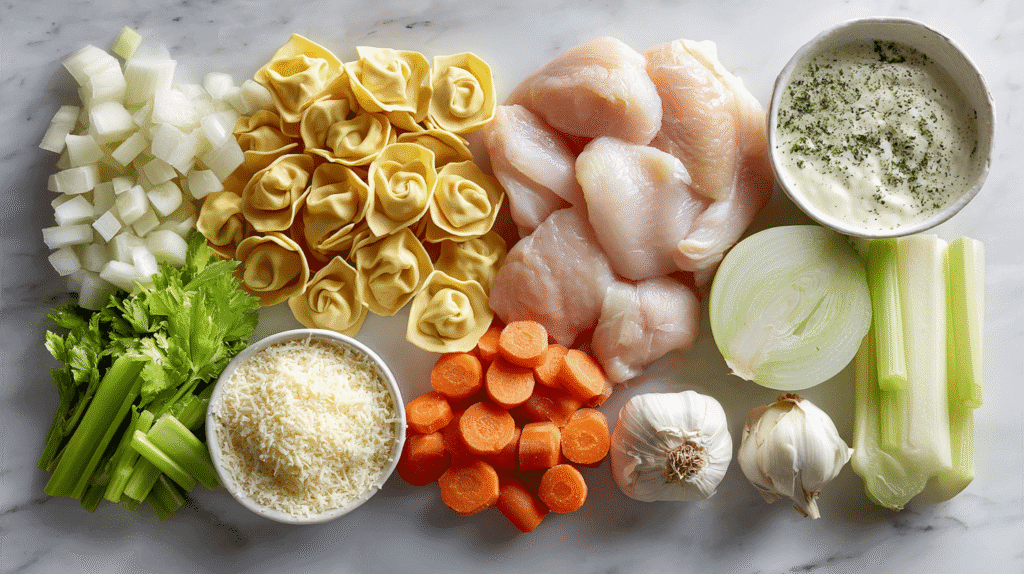Fresh ingredients for Parmesan Chicken Tortellini Soup on marble surface