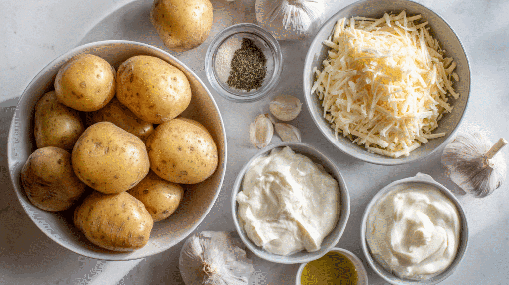 Ingredients for cheesy garlic ranch potato bake arranged on white background
