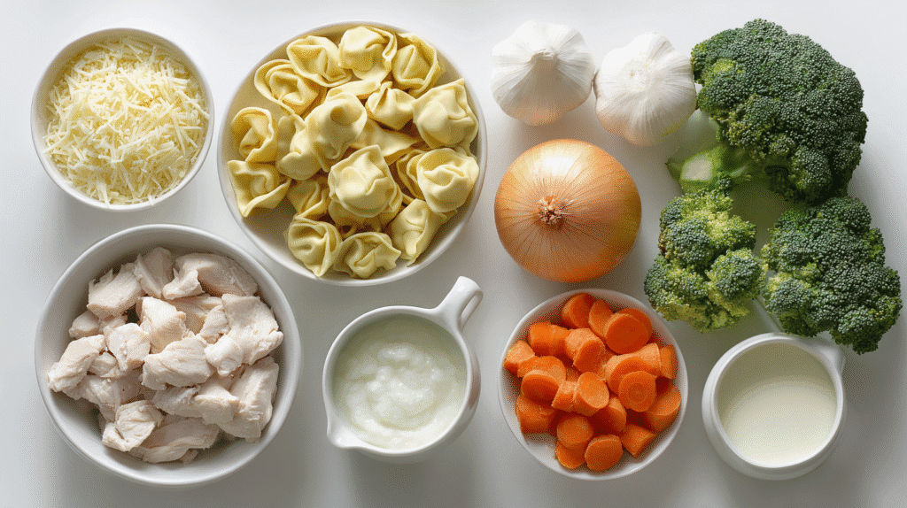 Ingredients for Chicken Tortellini Soup with Broccoli on white surface