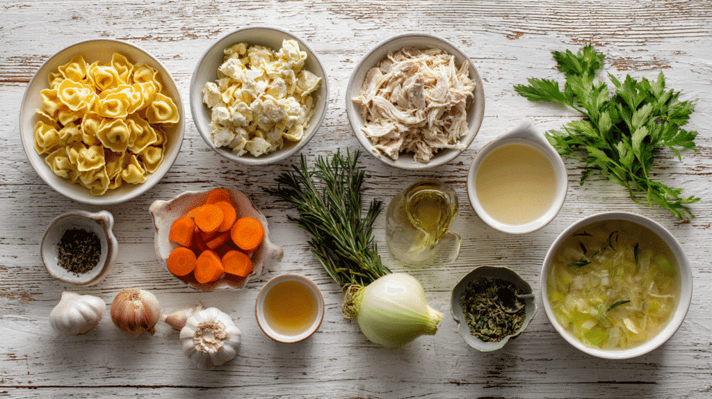 Ingredients for creamy chicken tortellini soup with herbs