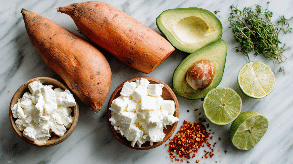 Ingredients for viral cottage cheese sweet potato bowl