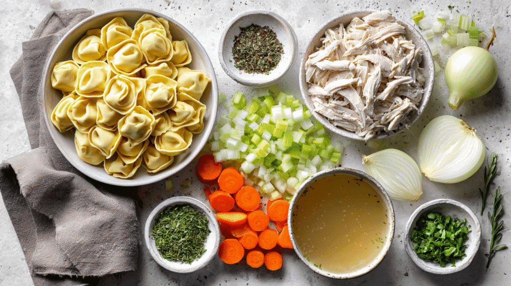 Ingredients for Homemade Chicken & Herb Tortellini Soup laid out