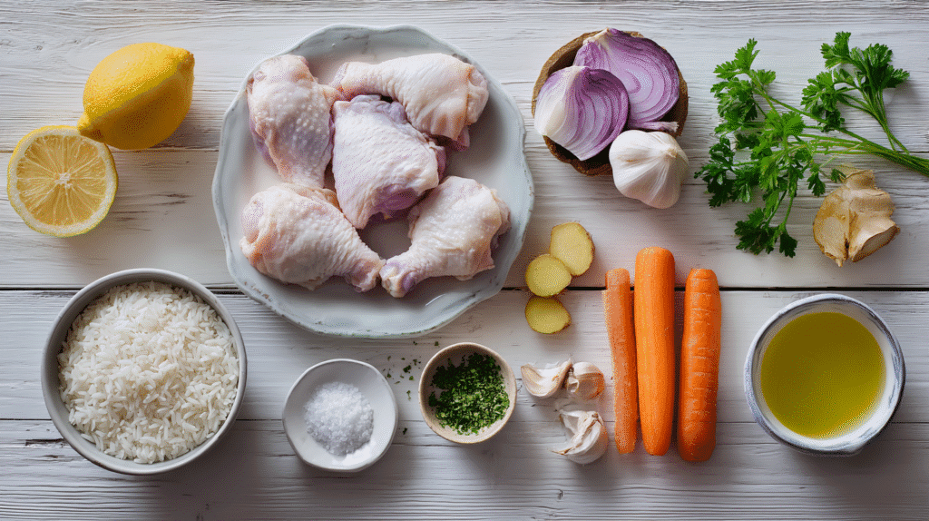 Ingredients for Lemon Ginger Chicken Soup with Rice laid out