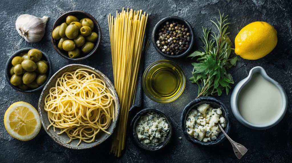 Ingredients for Dirty Martini Pasta laid out before cooking