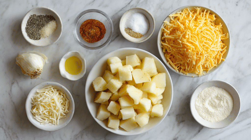 Ingredients for oven-baked cheesy ranch potatoes
