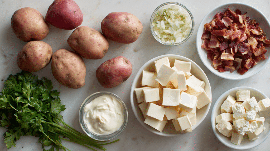 Ingredients for Instant Pot Creamy Potato Ranch Dinner laid out