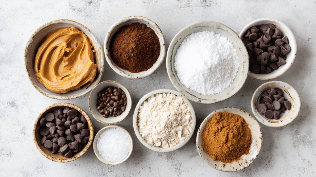 Eggless peanut butter brownies ingredients flat lay