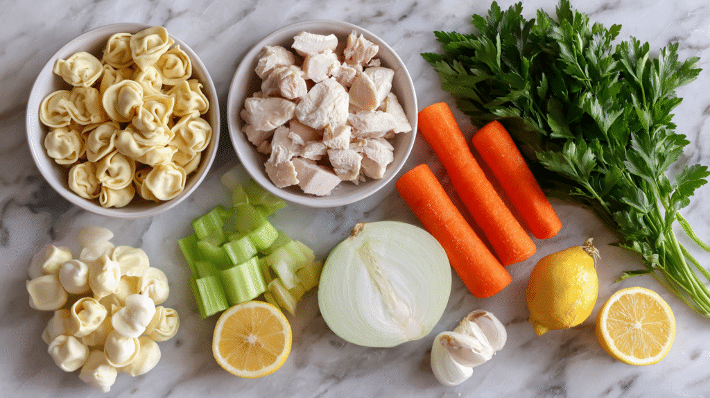 Ingredients for lemon chicken tortellini soup laid out on a marble surface