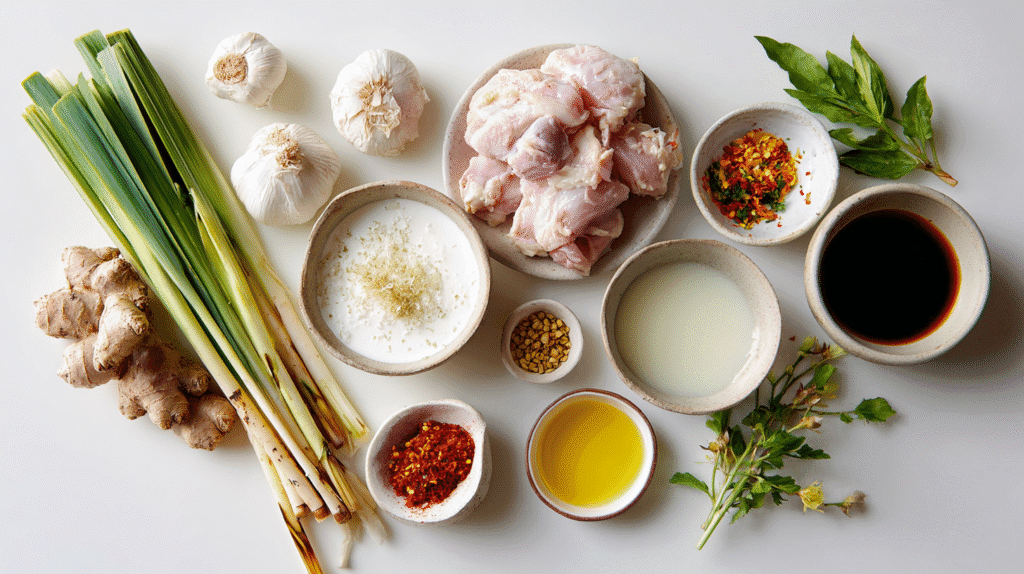 Ingredients for lemongrass chicken soup with chili oil