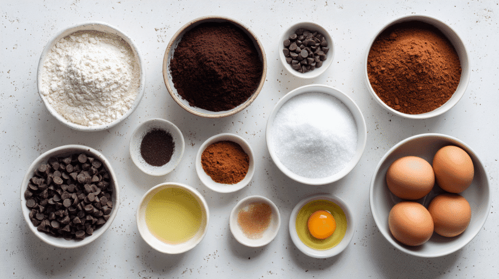 Dairy Free Double Chocolate Brownie ingredients flat lay