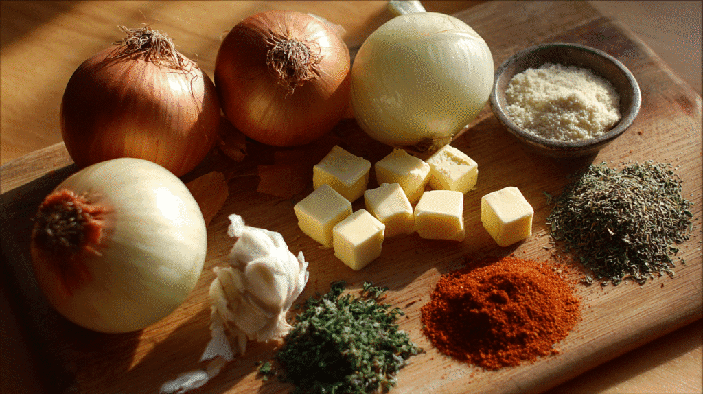 onion boil ingredients flat lay