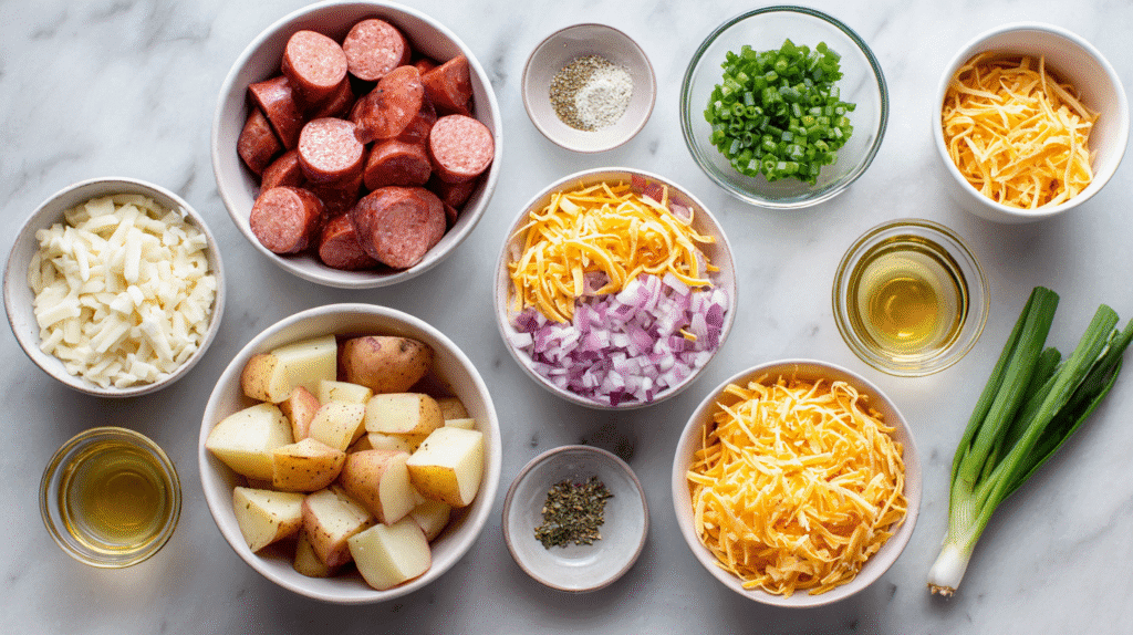 Ingredients for Cheesy Ranch Potato & Smoked Sausage Bake