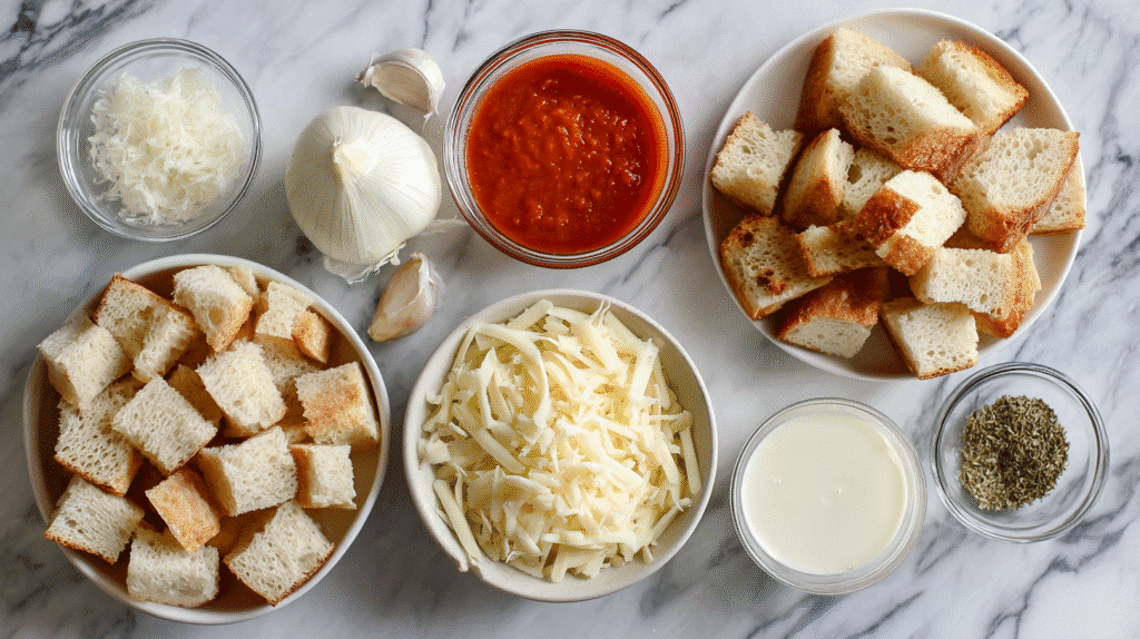 Ingredients for Tomato Soup & Grilled Cheese Casserole