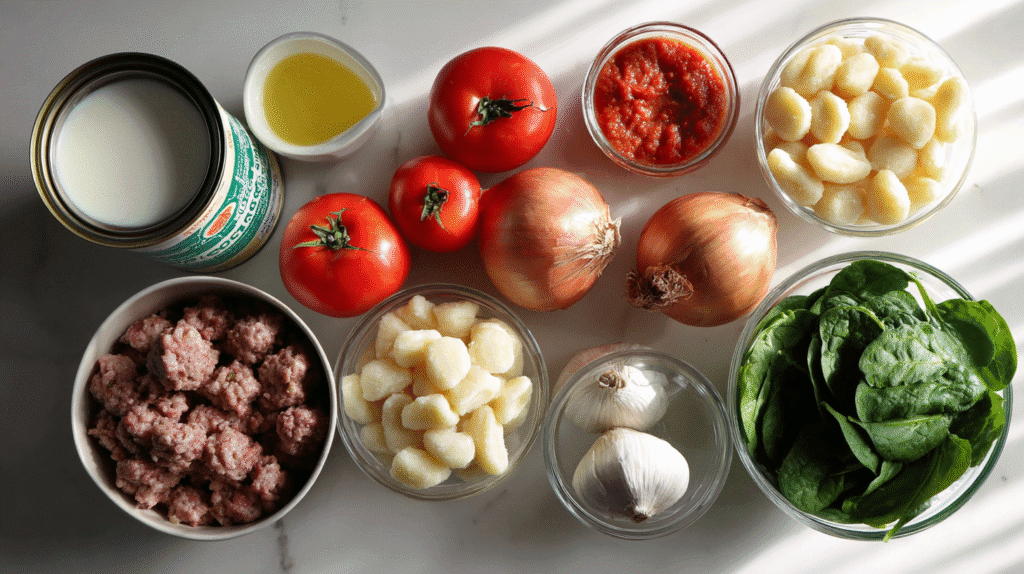 Ingredients for dairy free Italian sausage gnocchi soup on white counter
