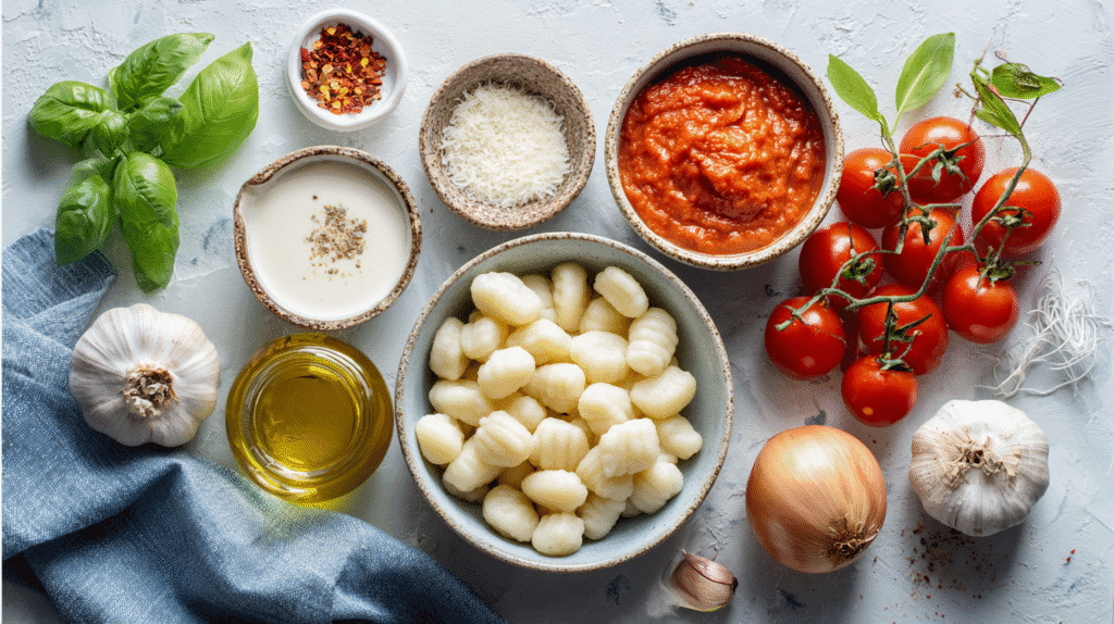 Ingredients for One-Pot Creamy Tomato Gnocchi Soup laid out on table