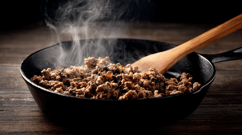 Browning beef for high protein hamburger helper