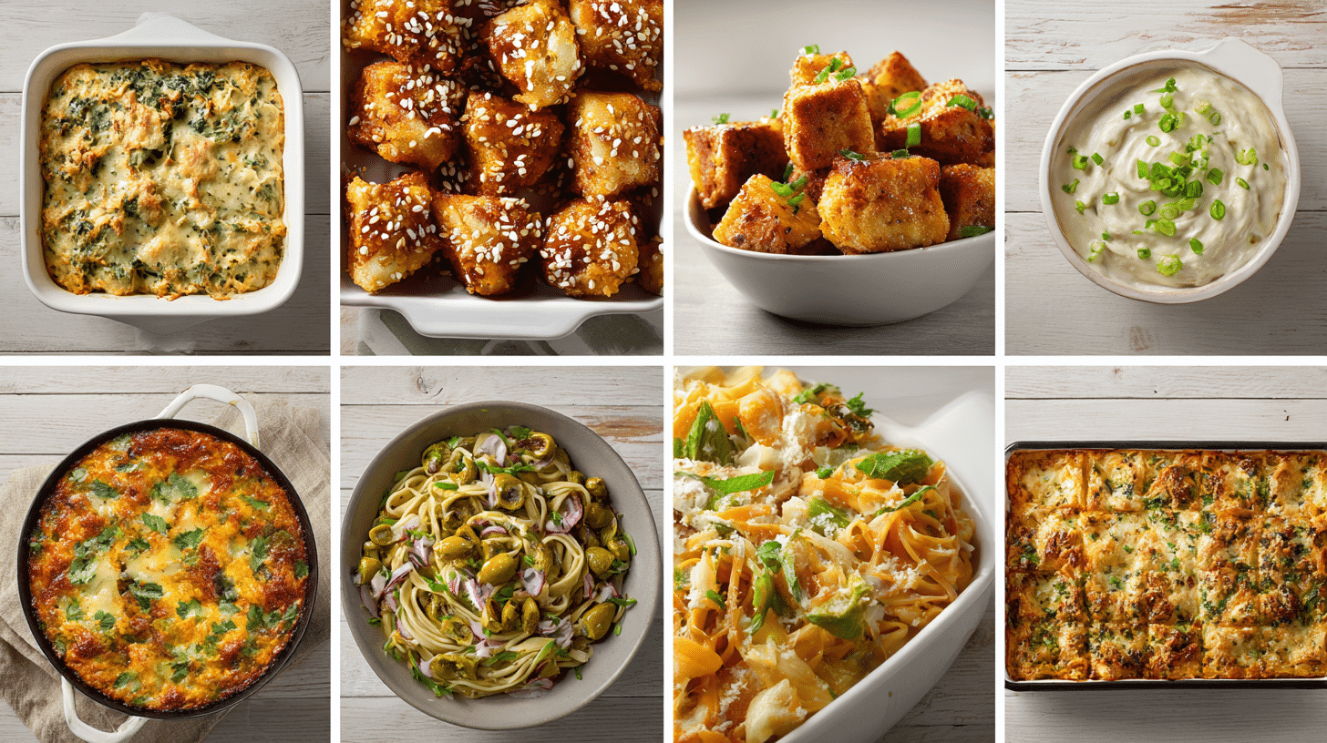 Collage featuring ten different dishes, including creamy casseroles, crispy bites, pasta plates, vibrant bowls, a baked cheese dip, a roasted onion, and a creamy noodle skillet, all arranged in a clean grid with natural lighting and detailed food textures.