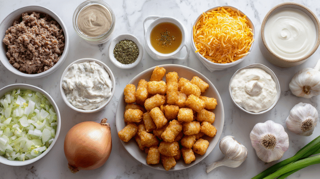Ingredients for sausage ranch tater tot casserole recipe