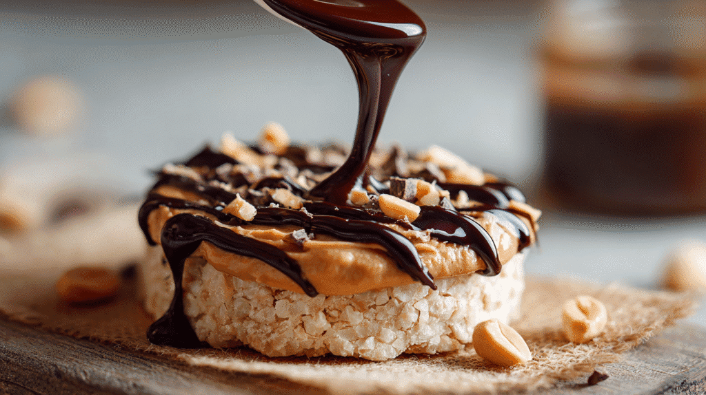 Drizzling chocolate over peanut butter rice cake