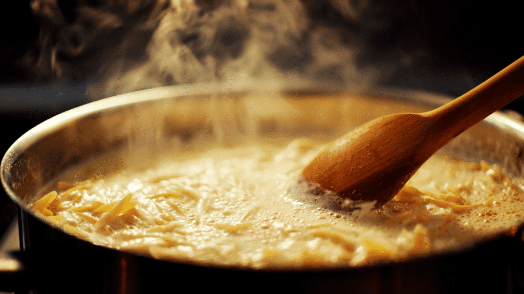 Pasta cooking in olive brine and cream sauce for Dirty Martini Pasta