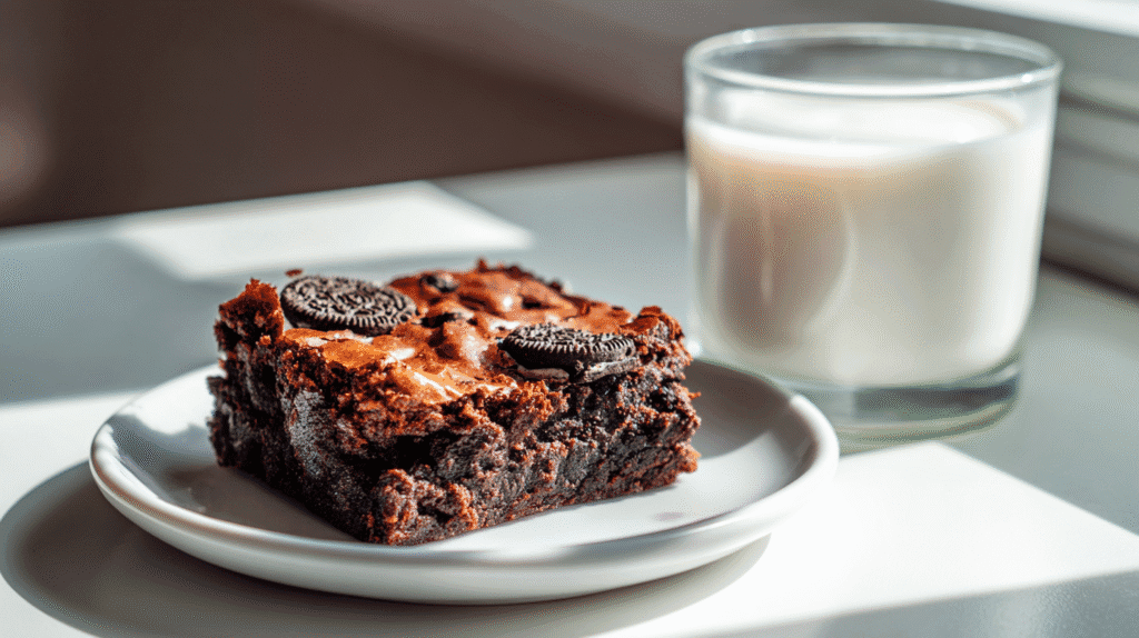 A slice of eggless Oreo brownie with milk