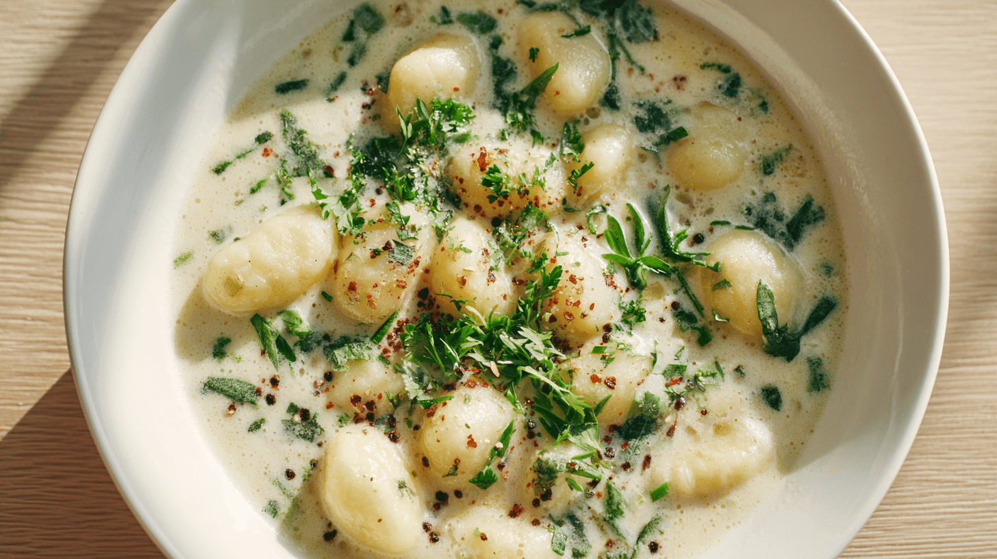 Cozy Winter Gnocchi Soup in a white bowl