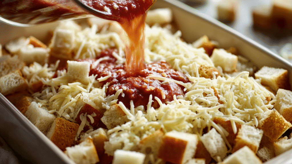 Assembling Tomato Soup & Grilled Cheese Casserole