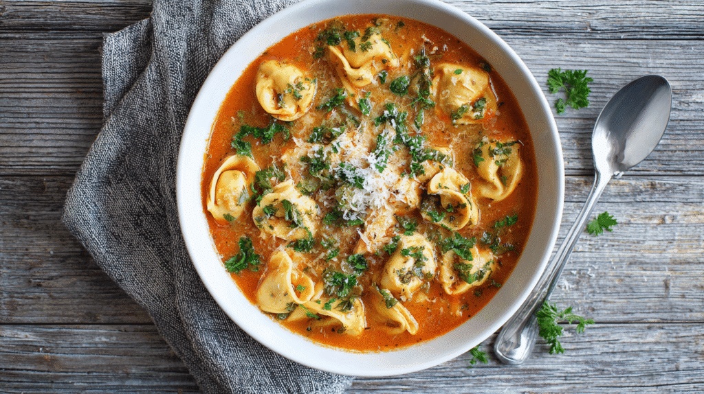Finished Crockpot Chicken Tortellini Soup served in white bowl with herbs