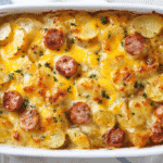 Cheesy Ranch Potato & Smoked Sausage Bake in baking dish