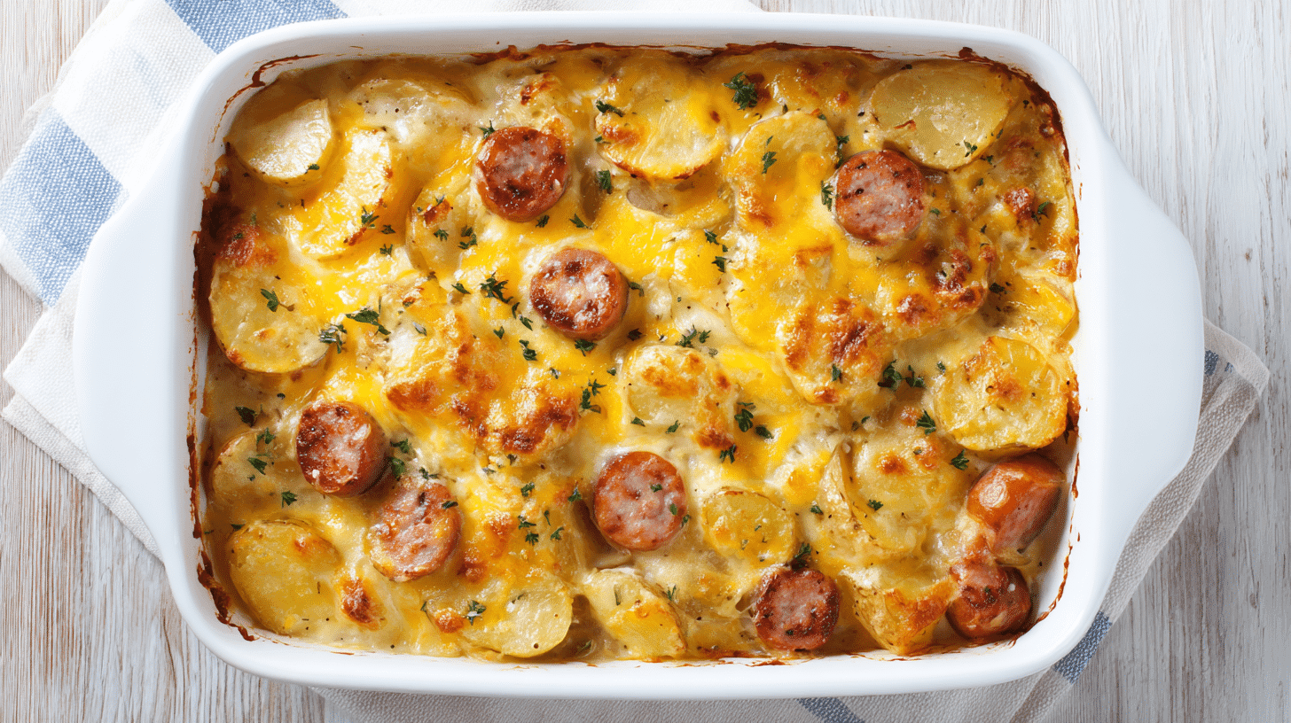 Cheesy Ranch Potato & Smoked Sausage Bake in baking dish