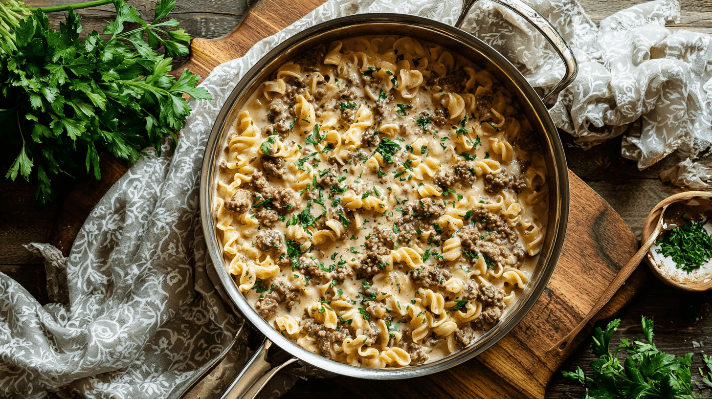 High protein hamburger helper in skillet